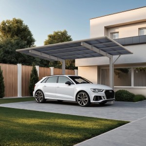 Silberner Ximax Einzelcarport Aluminium Wing Typ 80 mit Auto vor modernem Haus.