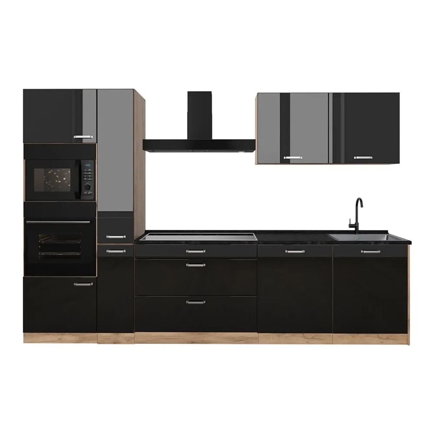 Vicco Küchenzeile R-Line Schwarz Hochglanz/Goldkraft Eiche 310 x 207 Arbeitsplatte Anthrazit Art Nr 66445