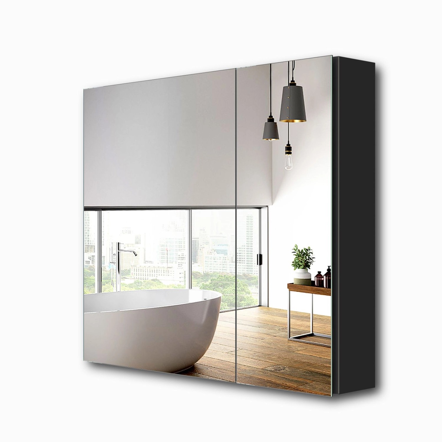 Emke Spiegelschrank 2 Türig  75x65 cm Doppelseitigen Spiegeltüren Schwarz günstig online kaufen