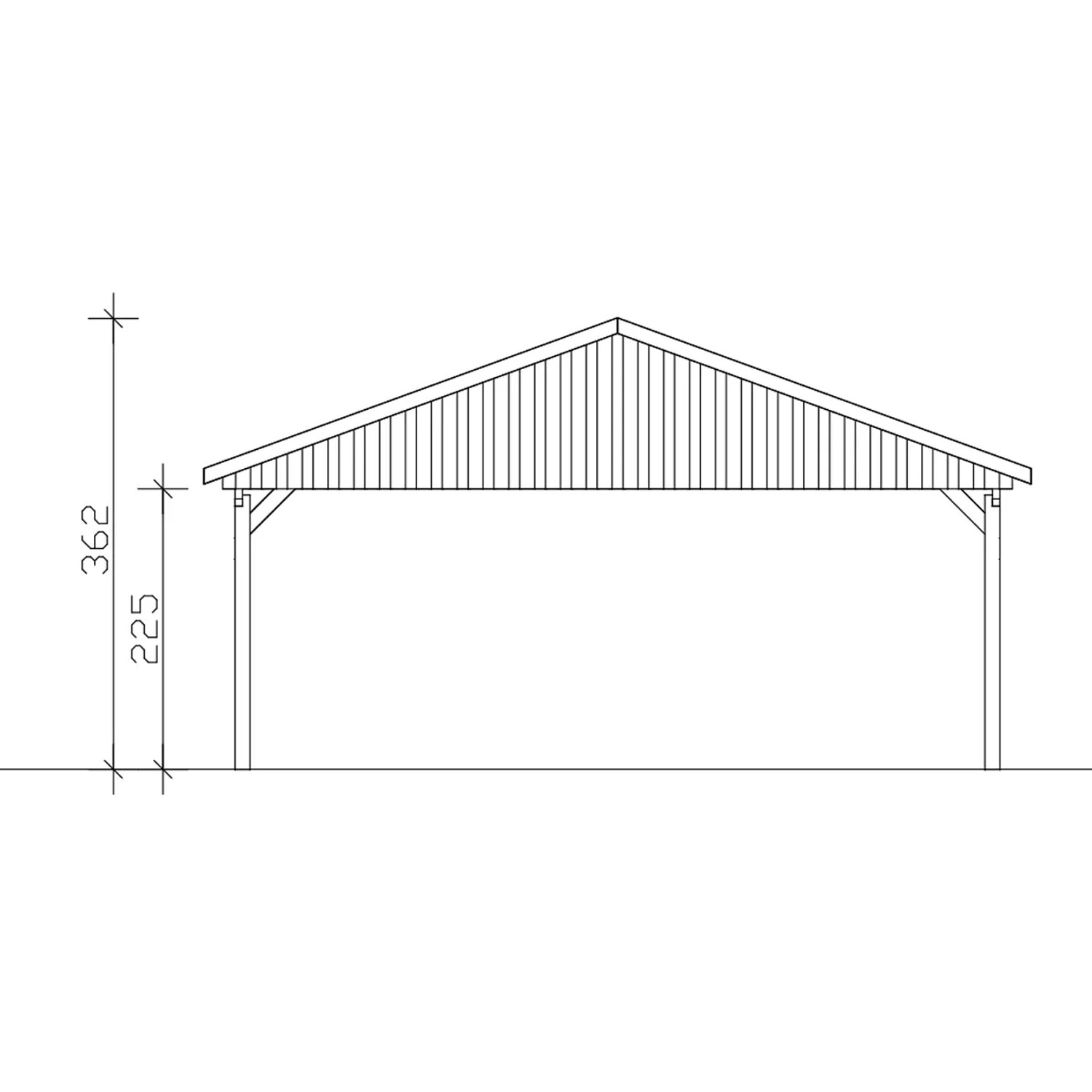 Technische Zeichnung: Skan Holz Carport Fichtelberg, Doppelcarport mit Maßen, Dachlattung, schiefergrau.