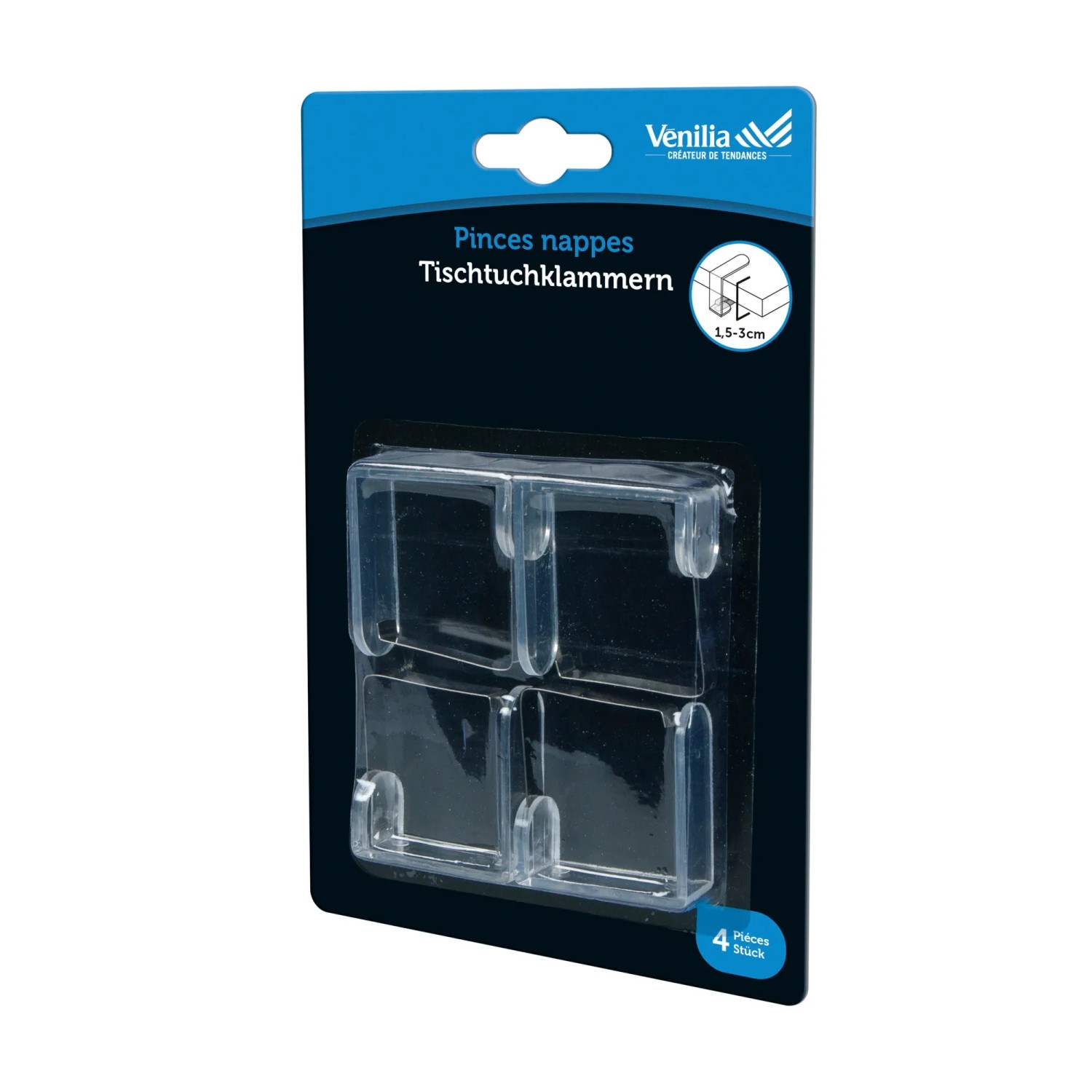 Venilia Tischtuchklammern, 4er-Set aus transparentem Kunststoff und Inox.