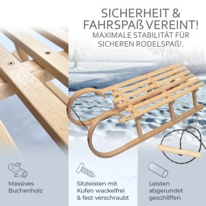 Bambiniwelt Hörnerrodel 120cm aus Buchenholz mit Zugseil im Schnee. Stabiler Holzschlitten für Rodelspaß.