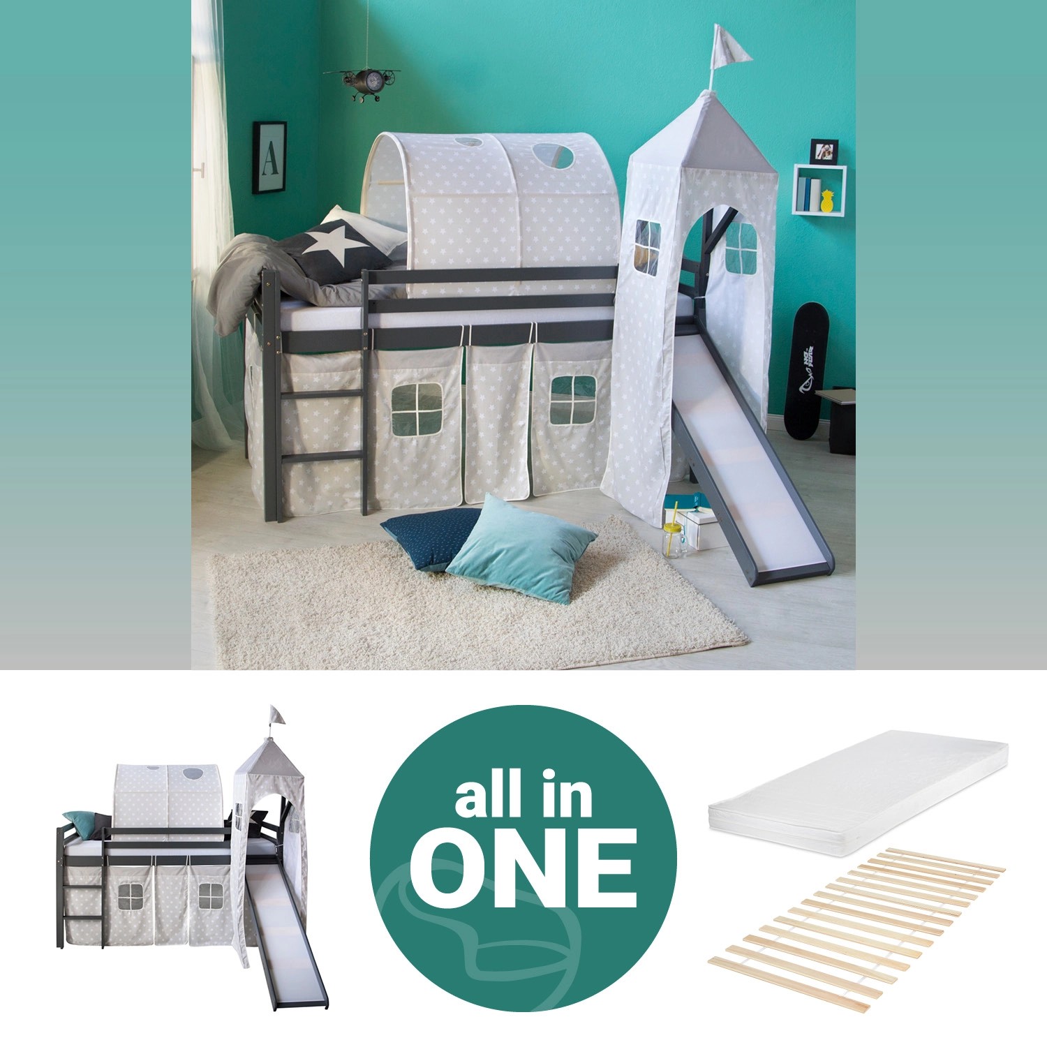Homestyle4u Kinderhochbett 90x200 Grau mit Lattenrost Rutsche Matratze 2788