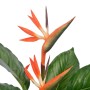 Künstliche Strelitzia Pflanze mit roten Blüten und grünen Blättern im Topf, 100 cm hoch.