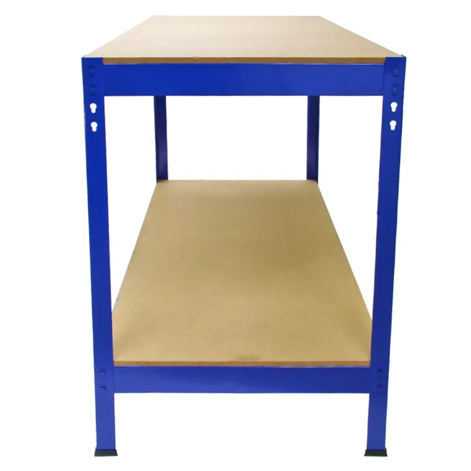 Blaue Monstershop Werkbank Q Rax 120cm mit zwei Ablageflächen aus Holz.