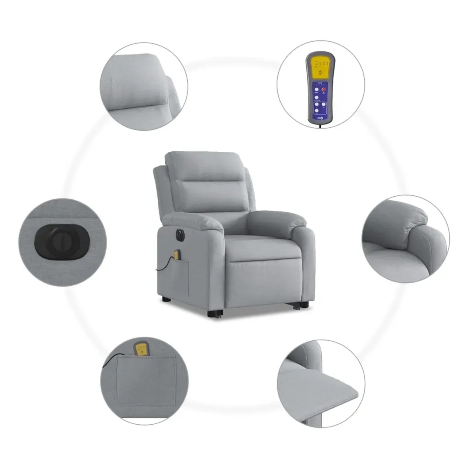 Hellgrauer vidaXL Massagesessel mit Aufstehhilfe, Stoff, mit Fernbedienung und Details.