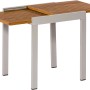 Ausziehbarer Balkontisch mit Akazienholzplatte und silbernem Gestell, ideal für kleine Terrassen.