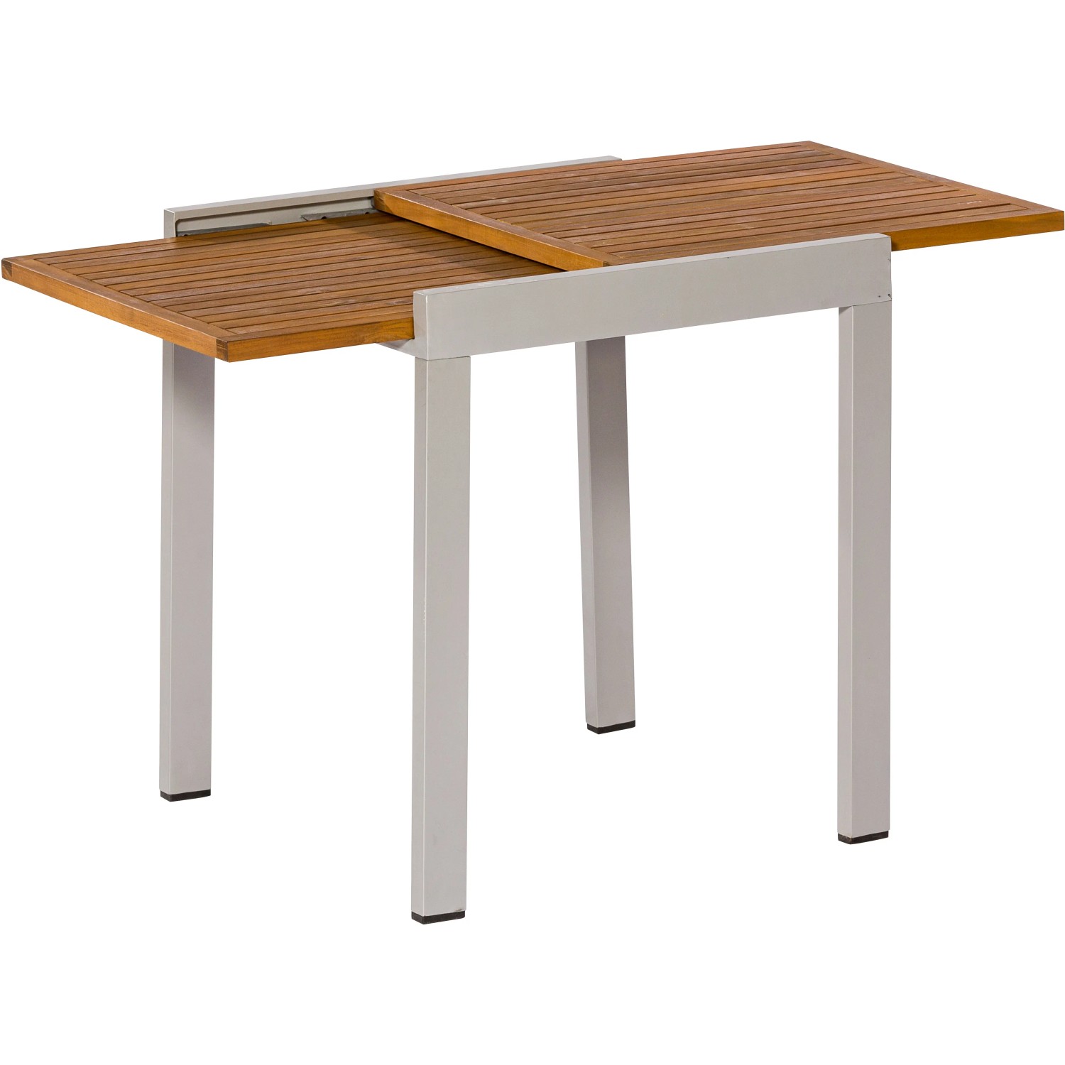 Ausziehbarer Balkontisch mit Akazienholzplatte und silbernem Gestell, ideal für kleine Terrassen.