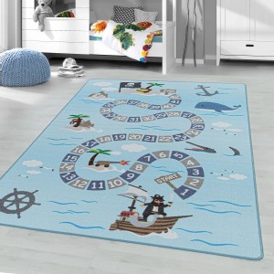 Blauer Ayyildiz Kinderteppich mit Piraten-Spielbrett-Design, Zahlenweg, Schiff und Inseln. Ideal für Kinderzimmer.