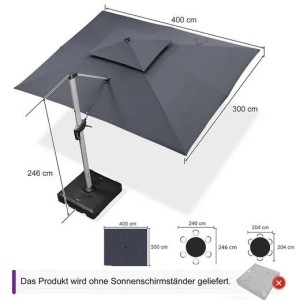 Rechteckiger, grauer PURPLE LEAF Ampelschirm 300x400 cm mit Doppeldach für den Außenbereich.