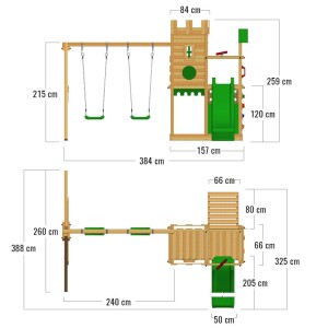 Draufsicht Fatmoose Spielturm BoldBaron mit Rutsche und Schaukel, Maße in cm.