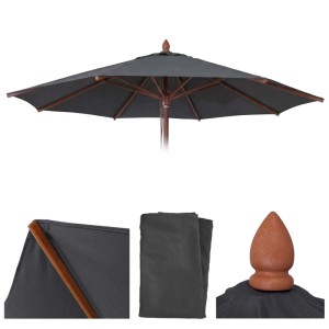 Anthrazitfarbener runder Polyester-Ersatzbezug für 4m Holz-Sonnenschirm mit Winddach. UV-Schutz UPF 50+.