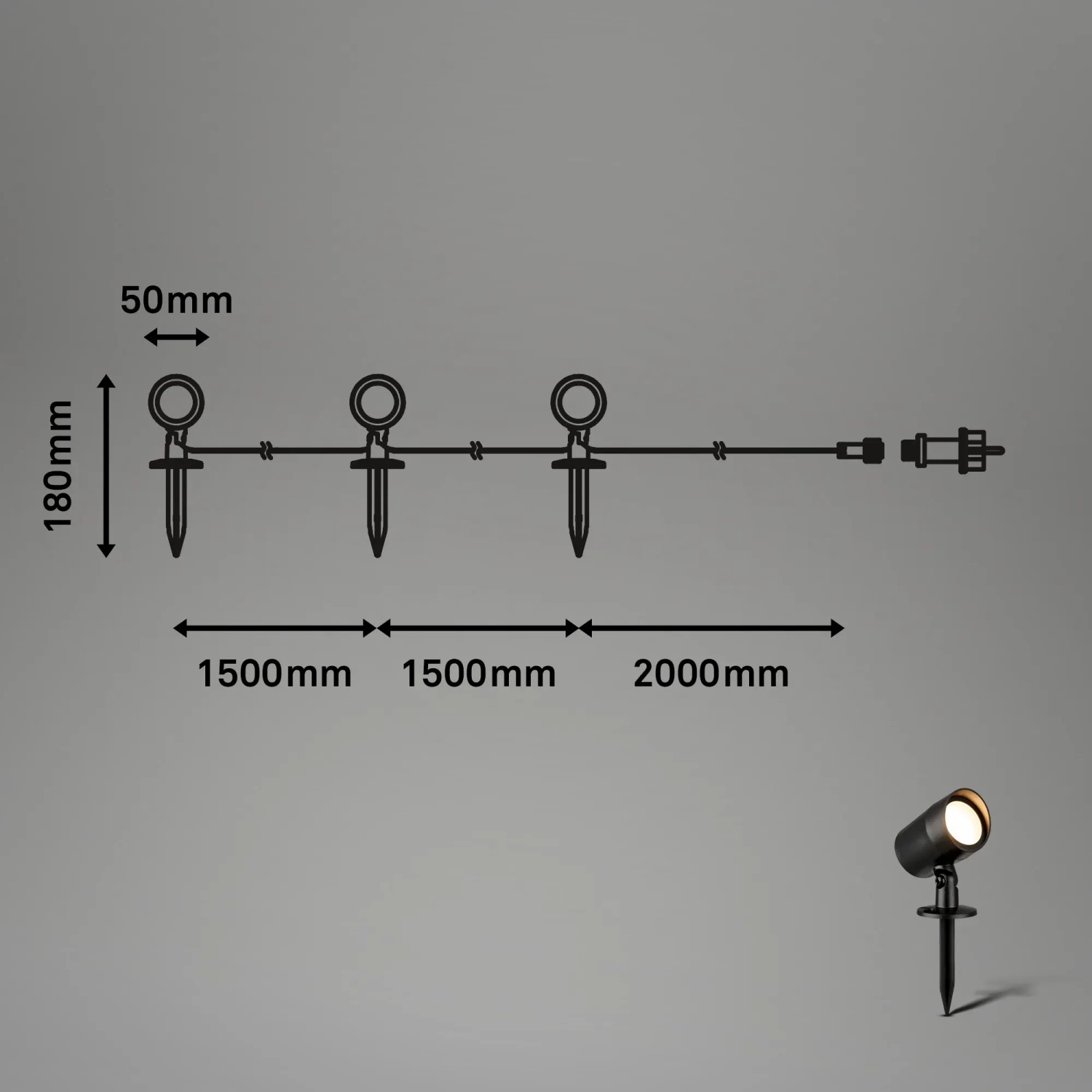Brilo LED Gartenspieß-Set Ples, Maße und Details zur Installation der Außenstrahler.