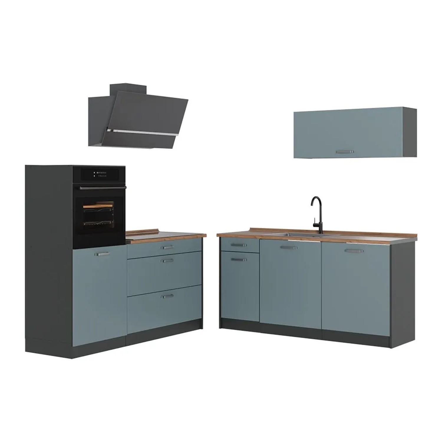 Vicco Küchenzeile R-Line Blau-Grau/Anthrazit 160 x 143 Arbeitsplatte Goldkraft Eiche Art Nr 66906