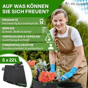 TTL GARDEN Pflanzsäcke, 5er Set, 22L, aus Filz. Stofftöpfe für Gemüse und Kräuter im Garten.