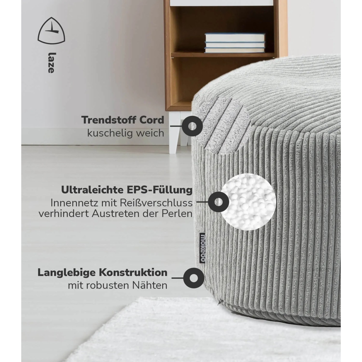 Grauer Cord Sitzhocker/Pouf 'Der Faule Lenz' von mokebo mit EPS-Füllung. Gemütlich und leicht.