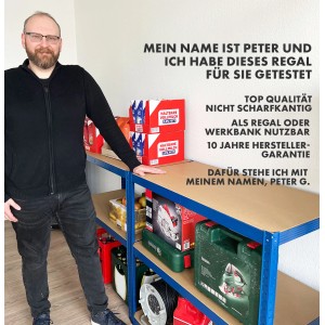 Blaues KARAT Schwerlastregal Odin 2er Set (200x120x60cm) mit Werkzeug und Lebensmitteln.