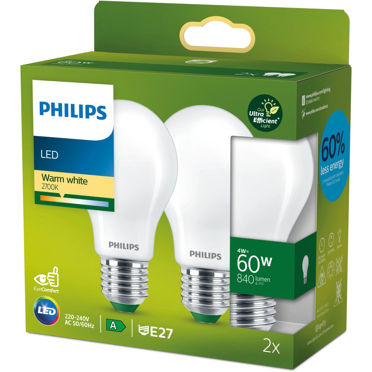 Philips LED E27 Leuchtmittel, Glühlampenform, 4W, 840lm, 2er-Set. Warmweißes Licht.