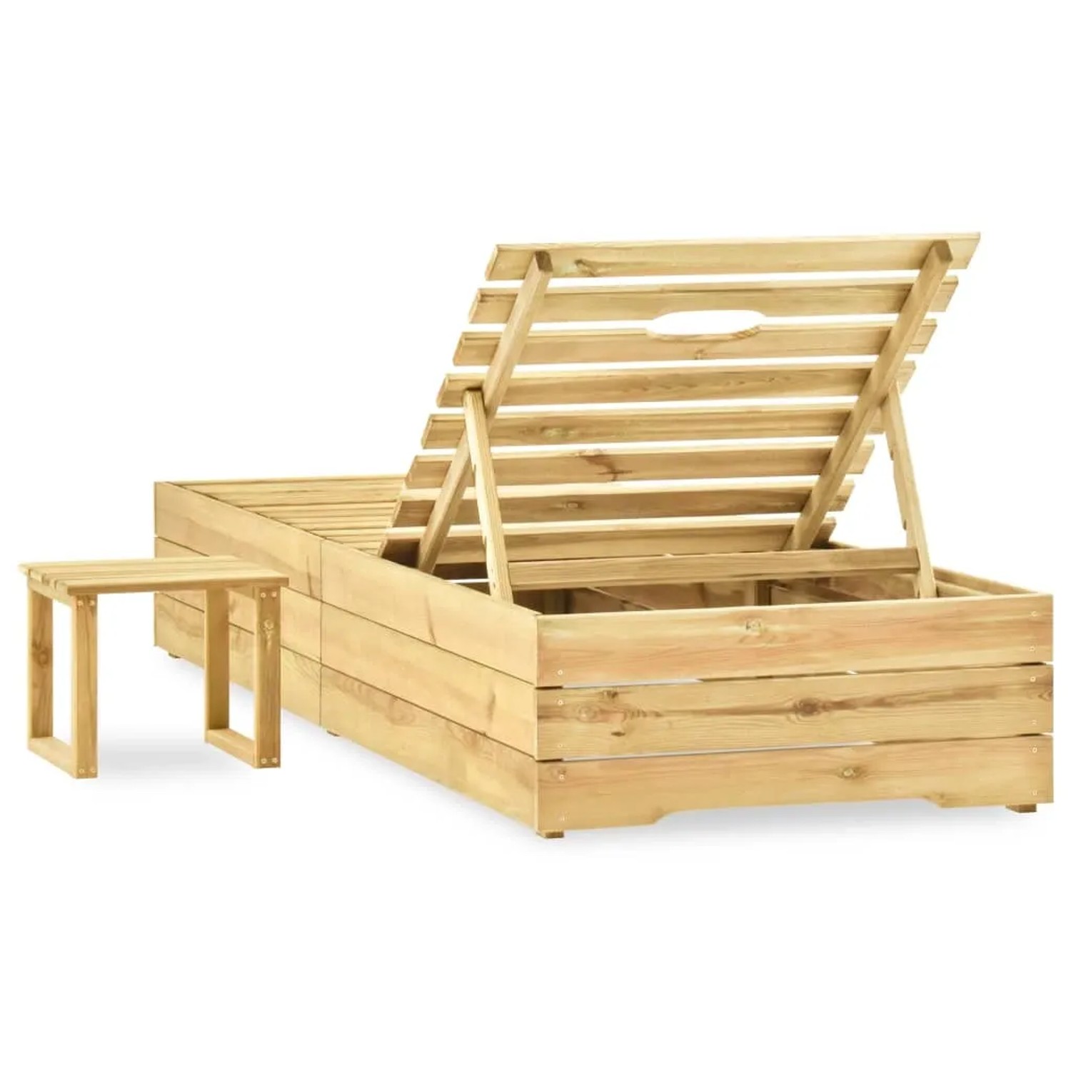 Grüne Holz-Sonnenliege mit Tisch, verstellbare Rückenlehne, ideal für Garten und Terrasse.