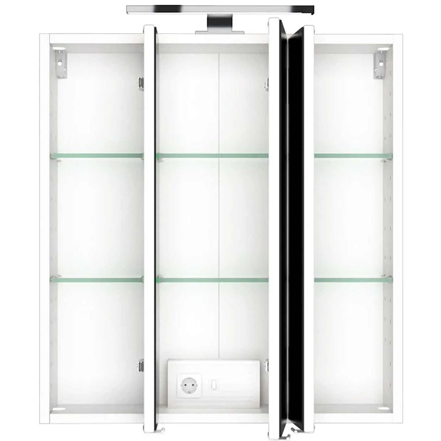 Offener, weißer Held Möbel Spiegelschrank Verona, Teil eines Badmöbel-Sets, mit Glasböden und Steckdose.