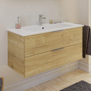 Steinkamp Einzelwaschtisch mit Villeroy & Boch Waschtisch, Halifax Eiche Dekor, 100 cm breit.