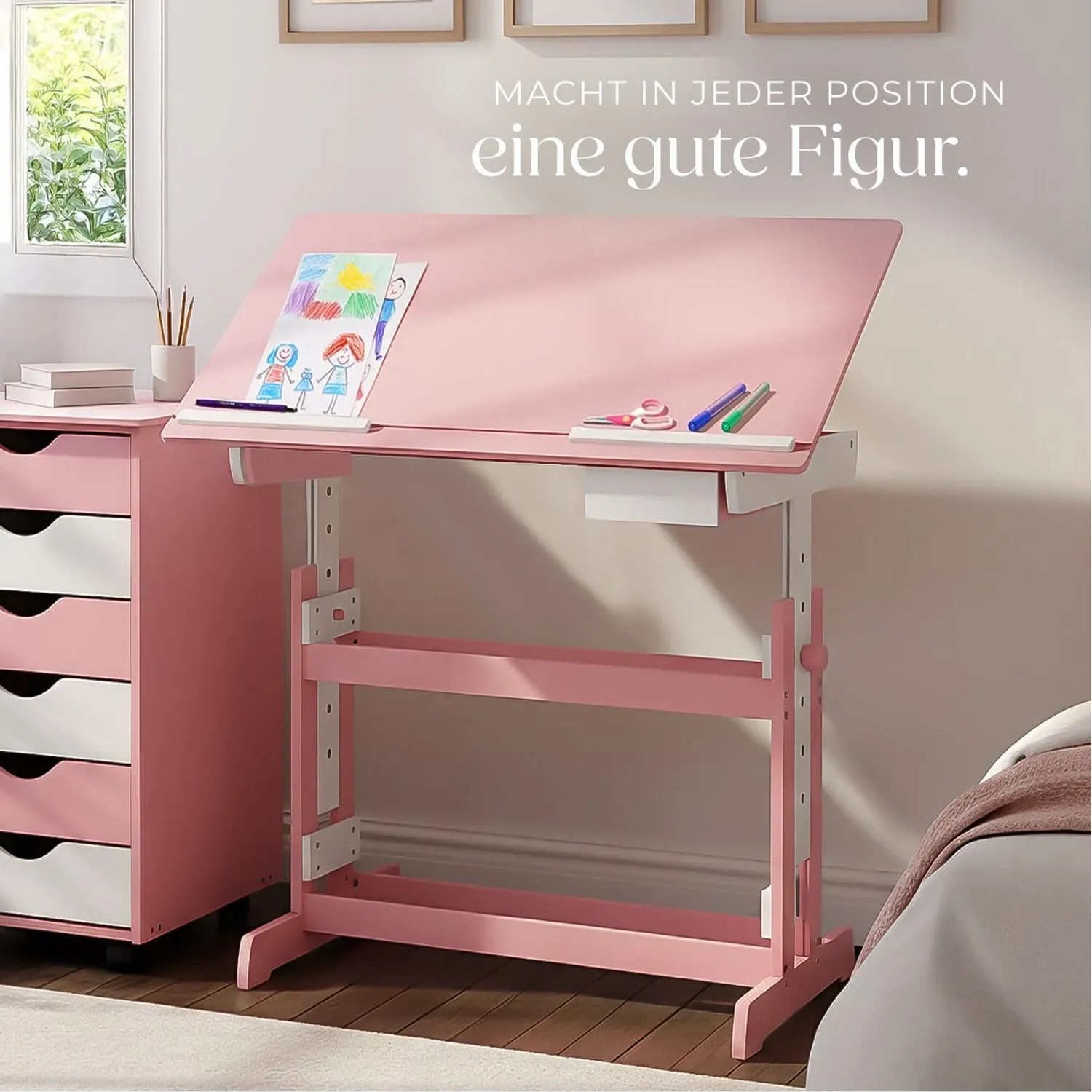 Pinker Tectake Schreibtisch mit neigbarer, höhenverstellbarer Tischplatte und Schublade.