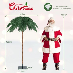 180 cm hohe künstliche Palme als Weihnachtsbaum mit grünen Blättern, braunem Stamm und LED-Beleuchtung auf schwarzem Standfuß.