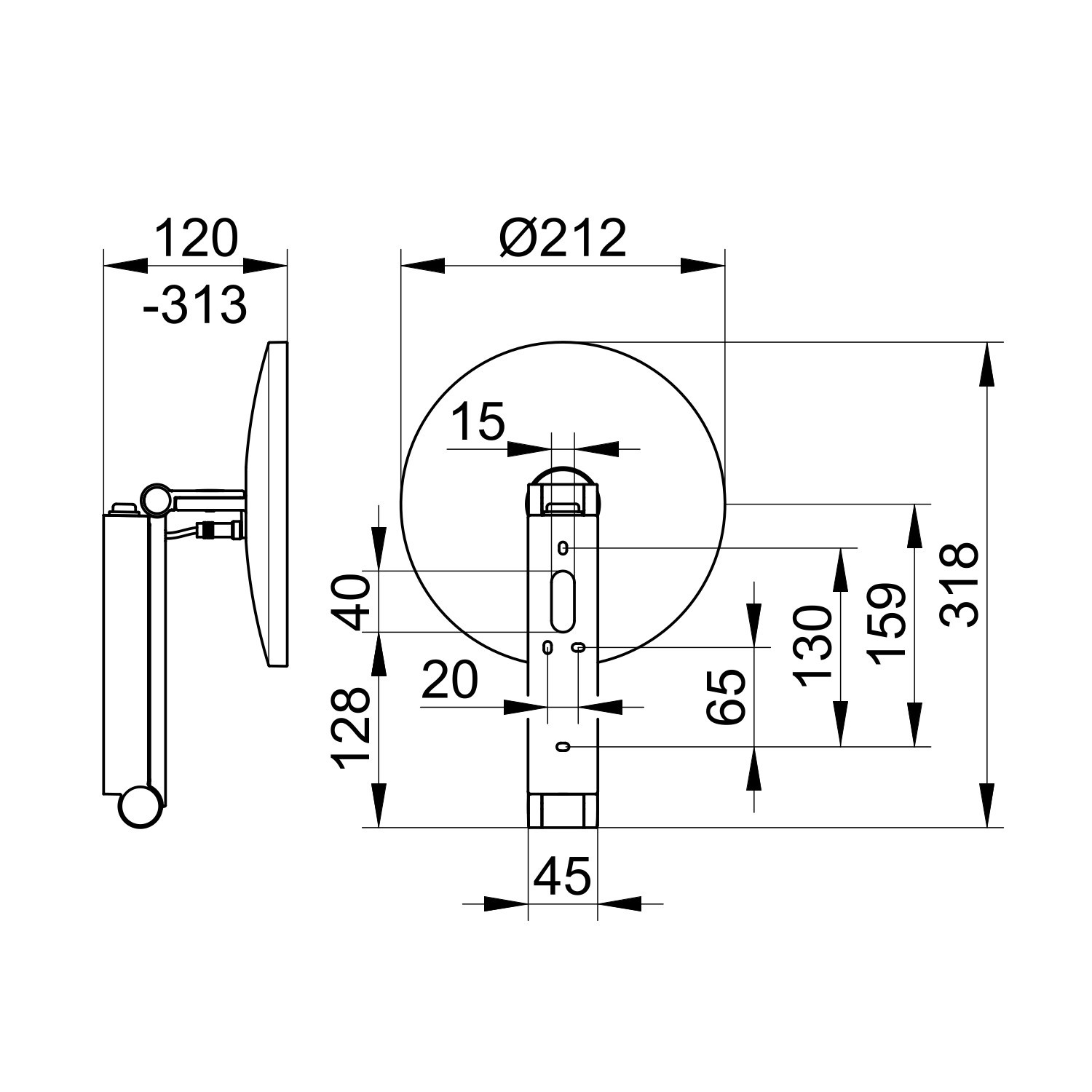Technische Zeichnung Keuco iLook move Kosmetikspiegel, verchromt, mit Maßen.
