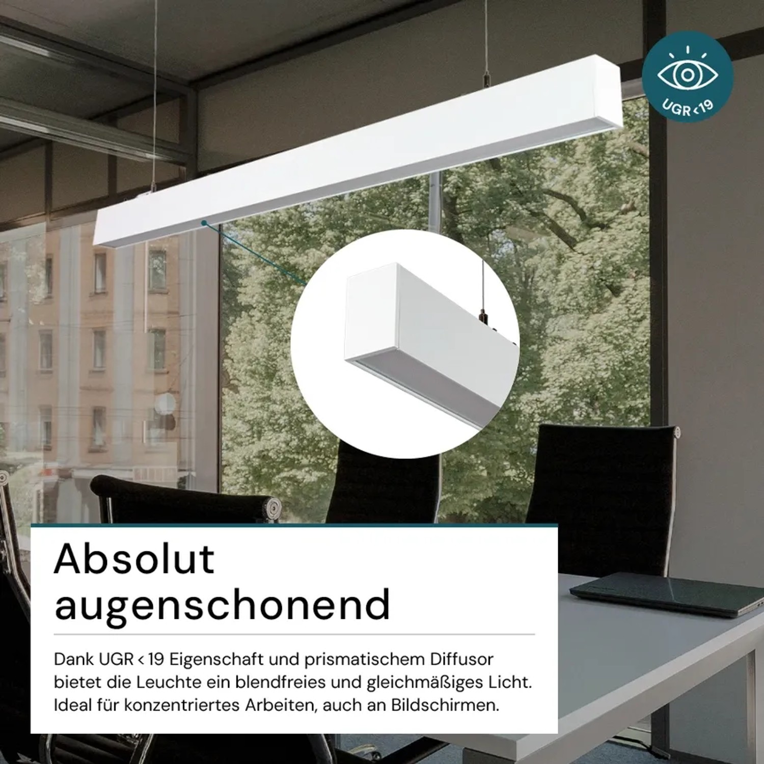 Weiße LUXULA LED Büroleuchte (30W, 3600lm) als Pendelleuchte mit einstellbarer Lichtfarbe.
