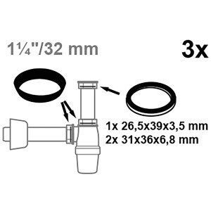 Kirchhoff Siphon-Dichtungsset, 3 Dichtungsringe für 32 mm Waschtisch Siphon.