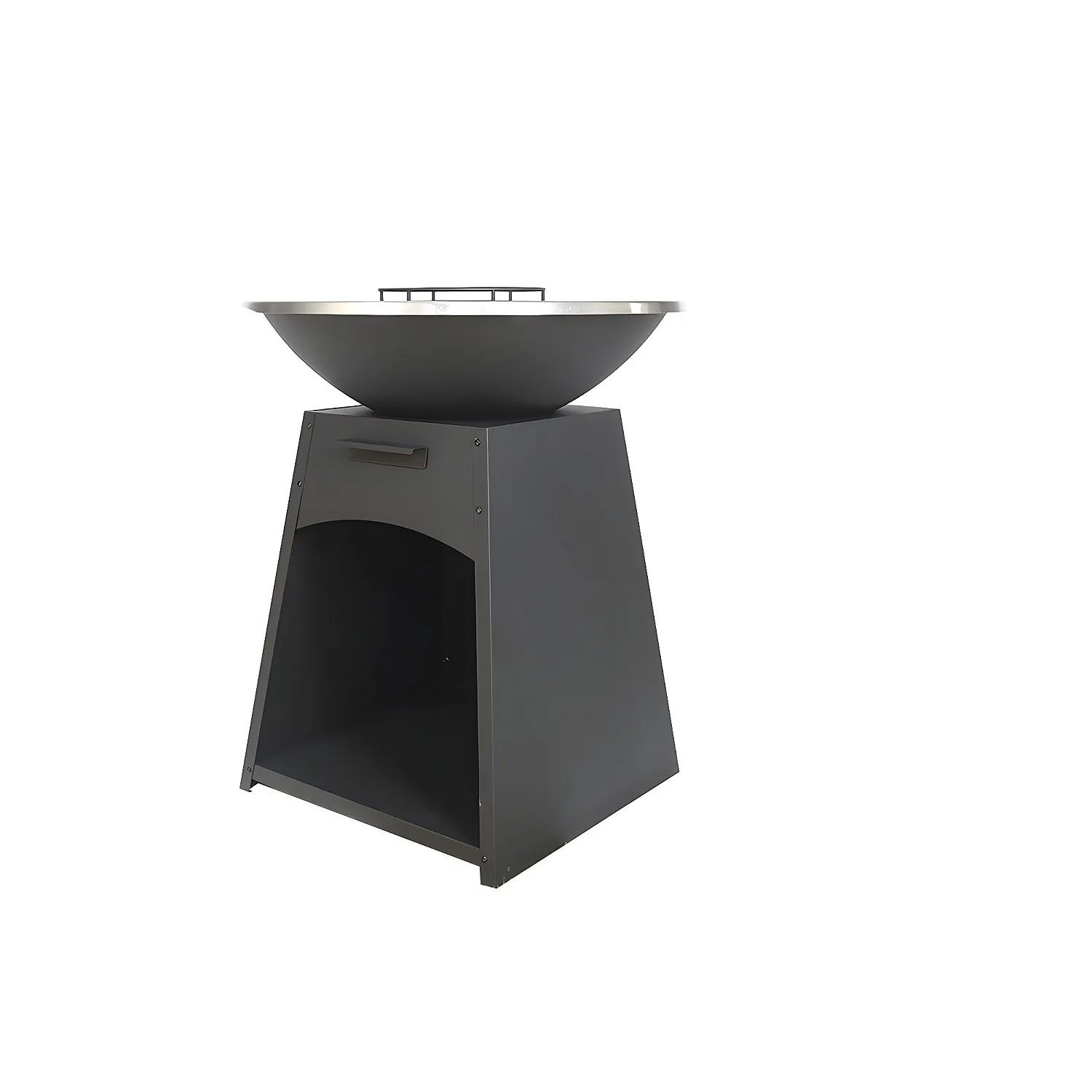 Schwarzer Vente-unique Grill Corvera aus Stahl mit runder Feuerstelle und quadratischem Sockel mit Ablagefach.