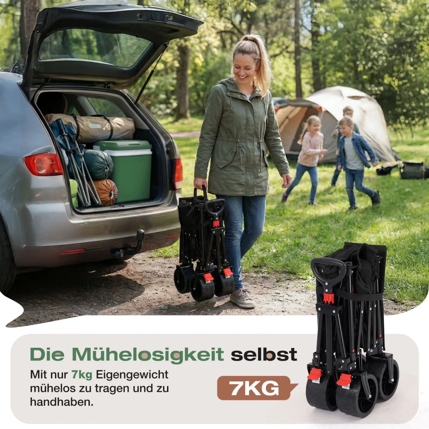 Frau trägt Sekey Campingwagen (faltbar) zum Auto. Bollerwagen mit breiten Reifen für Camping & Transport.