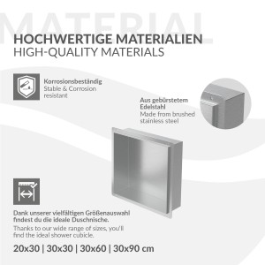 LuxeBath Wandnische aus Edelstahl, 30x30x10 cm, silberfarben. Einbauregal für Dusche, randlos.