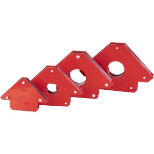 Güde Schweißmagneten-Set, 4 rote Winkelmagnete in verschiedenen Größen für Schweißarbeiten.