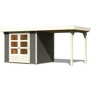 Karibu Gartenhaus Speedy B Set Terragrau mit Schleppdach, 462x217cm, Holzhütte mit Anbau.