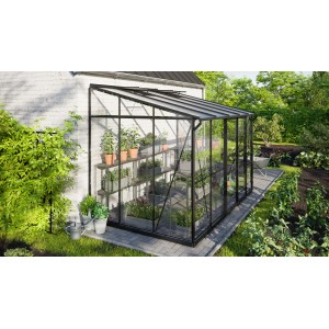 Vitavia Gewächshaus Ida 6500, schwarzes Anlehngewächshaus mit Pflanzen auf Regalen.