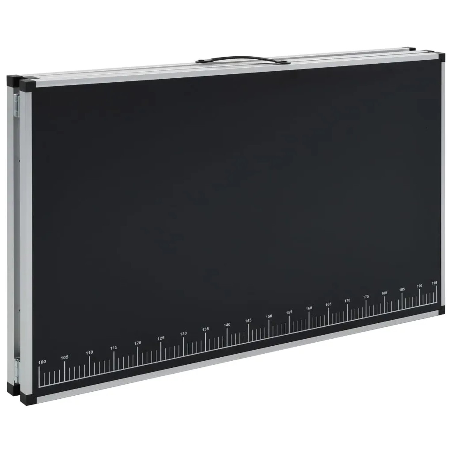 Zusammengeklappter, schwarzer Tapeziertisch (300x60x78 cm) mit Aluminiumrahmen und Tragegriff.