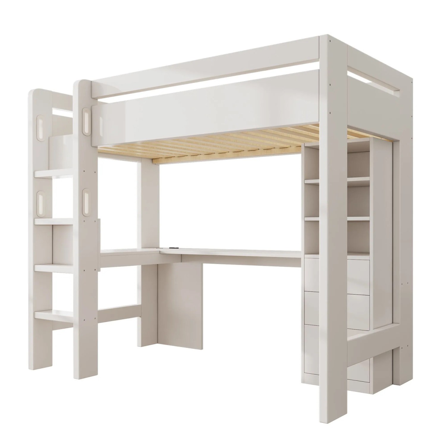 okwish Hochbett 90x200cm mit Schreibtisch Regalen USB Jugendzimmer Weiß ohne Matratze