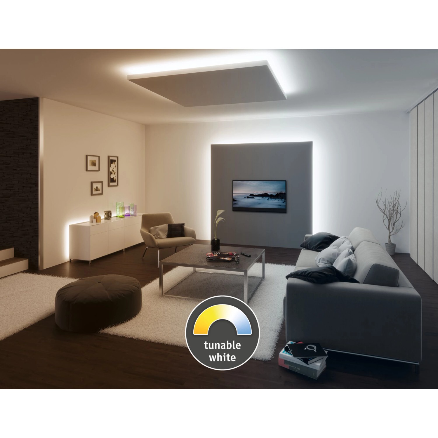 Wohnzimmer mit Paulmann MaxLED Tunable White LED-Streifen Beleuchtung.