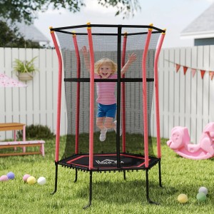Rotes HOMCOM Kindertrampolin mit Sicherheitsnetz, springendes Kind im Garten.