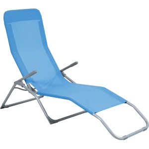 Klappbare, hellblaue Sonnenliege Pando mit grauem Stahlgestell für Garten, Balkon oder Terrasse.