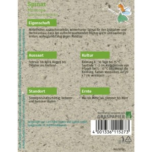 Grüne Fee Spinat Monnopa Saatgut Packung mit Produktinfos, Anbauanleitung und kleiner Fee. Gemüsesamen für 400 Pflanzen.