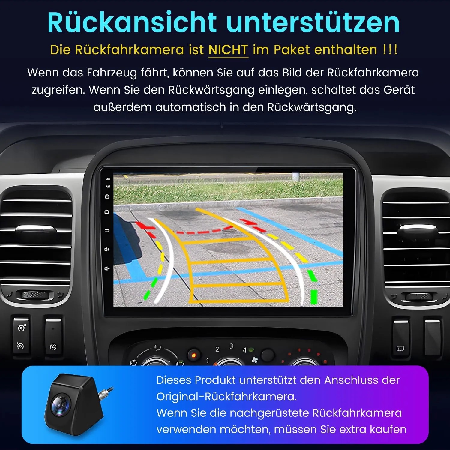 Autoradio-Display im Armaturenbrett zeigt Rückfahrkamera-Bild mit farbigen Parklinien. Unterstützt Renault Trafic 3/Opel Vivaro B.