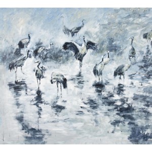 Bricoflor Fototapete mit Kranich-Motiv im Gemälde-Stil, ideal für Ess- und Schlafzimmer.