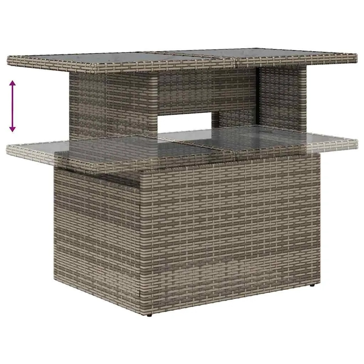 Verstellbarer Gartentisch aus grauem Rattan mit Glasplatte, Teil der vidaXL Garten-Sofagarnitur.