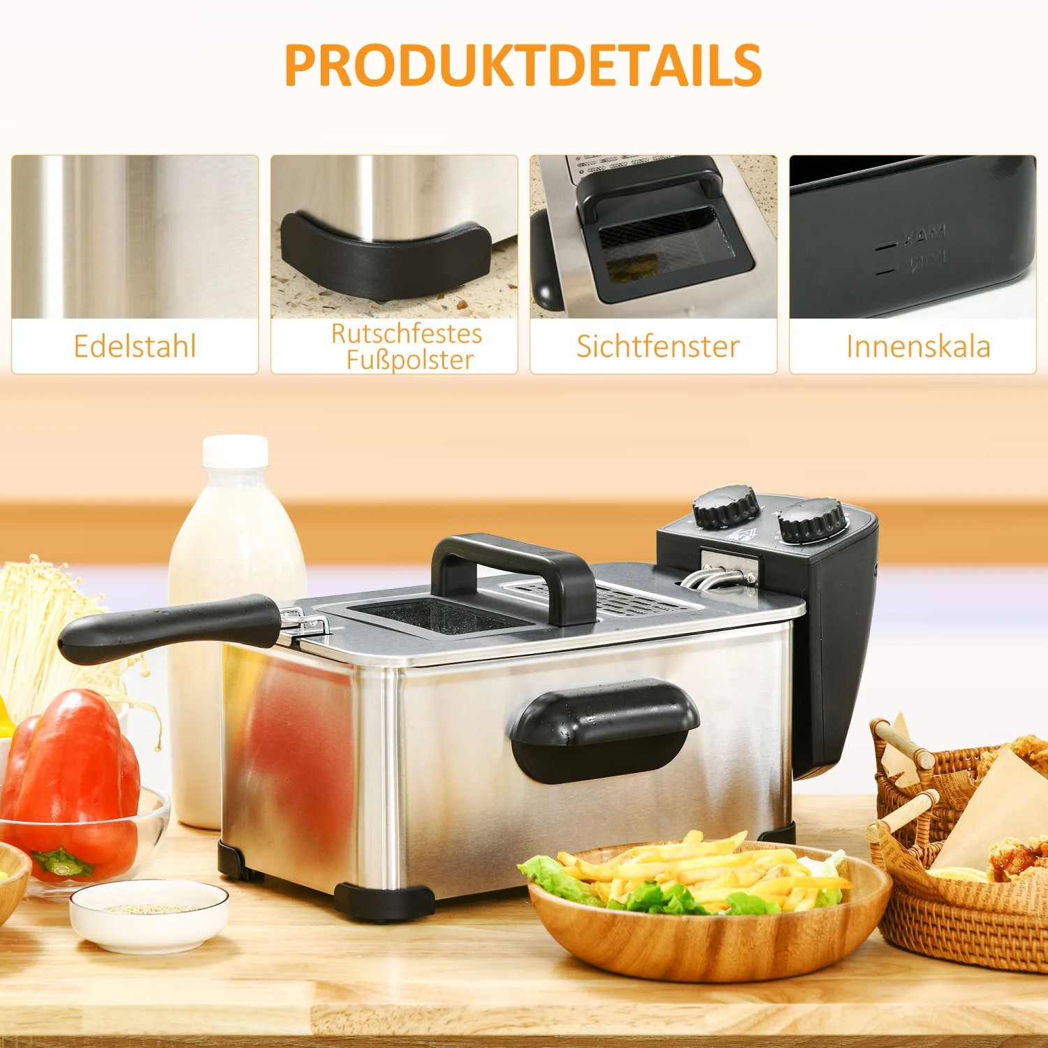 HOMCOM Fritteuse aus Edelstahl, 3L Ölkapazität, mit Frittiergut auf einem Holztisch.