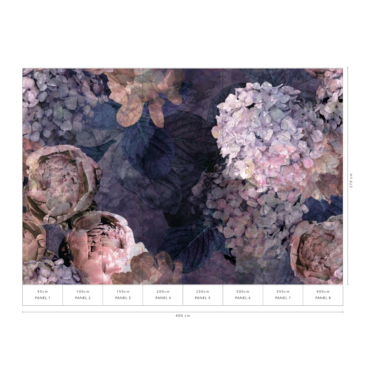 Erismann Fototapete ELLE Decoration FLEUR D`ÉTÉ violett mit Hortensien und Pfingstrosen.