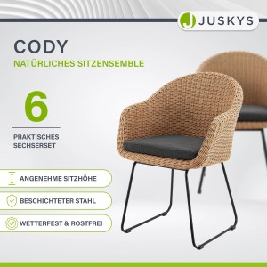 Juskys Gartenstuhl Cody 6er Set, Rattan natur mit schwarzen Kissen und Stahlbeinen.