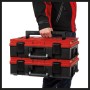 Gestapelte Einhell E-Case S-F Werkzeugkoffer in Rot-Schwarz im Tragezustand.