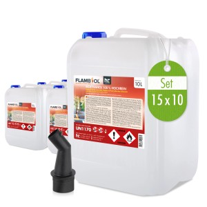 Flambiol Bioethanol 100% hochrein, 15 Kanister à 10l, mit Einfüllstutzen. Brennstoff für Kamine & Dekofeuer.